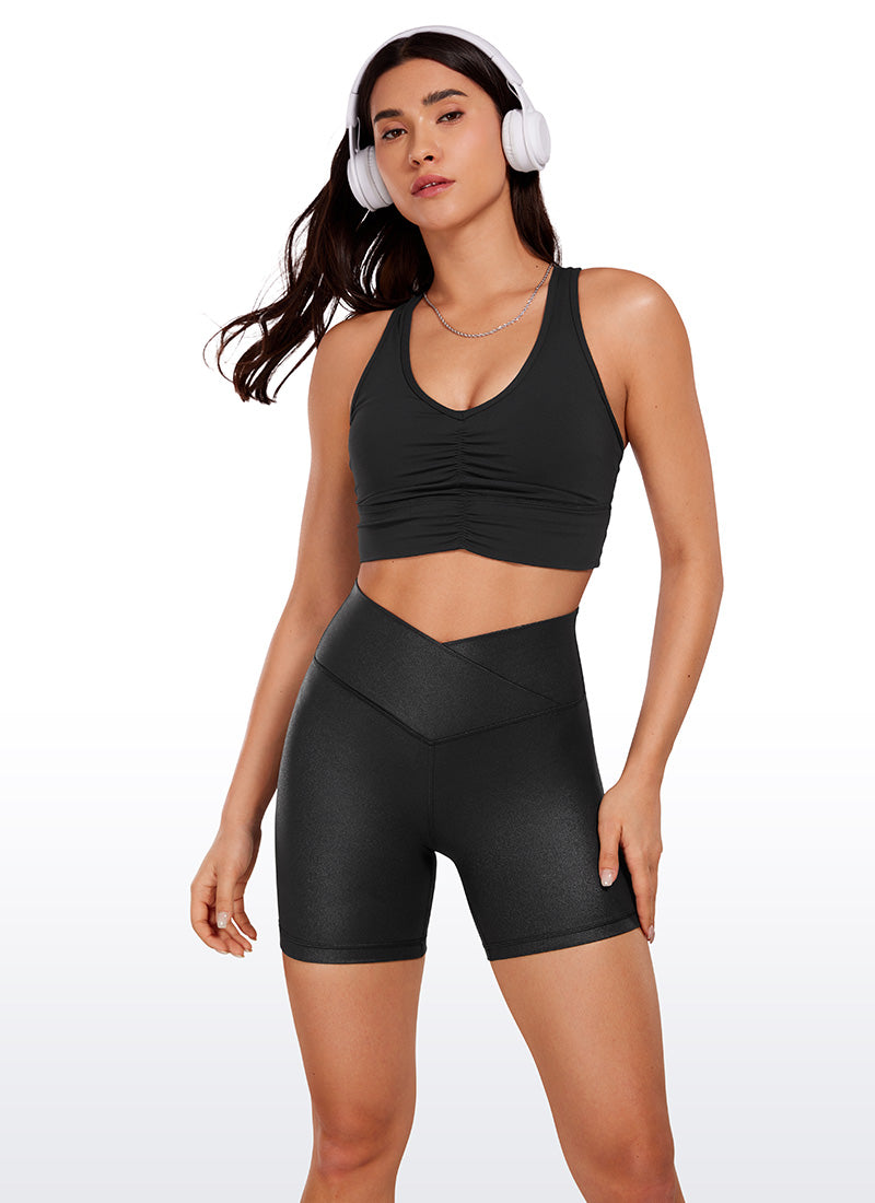 CRZ YOGA Women's High Rise Butterluxe V Cross Waist Biker Shorts 5'' Black Classic Leather